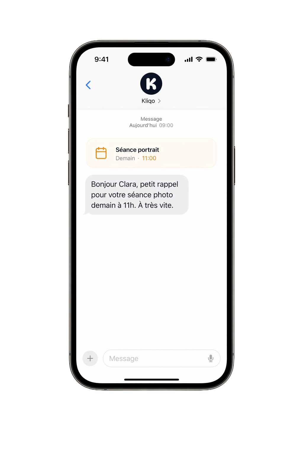 Mockup iPhone avec SMS de rappel Kliqo